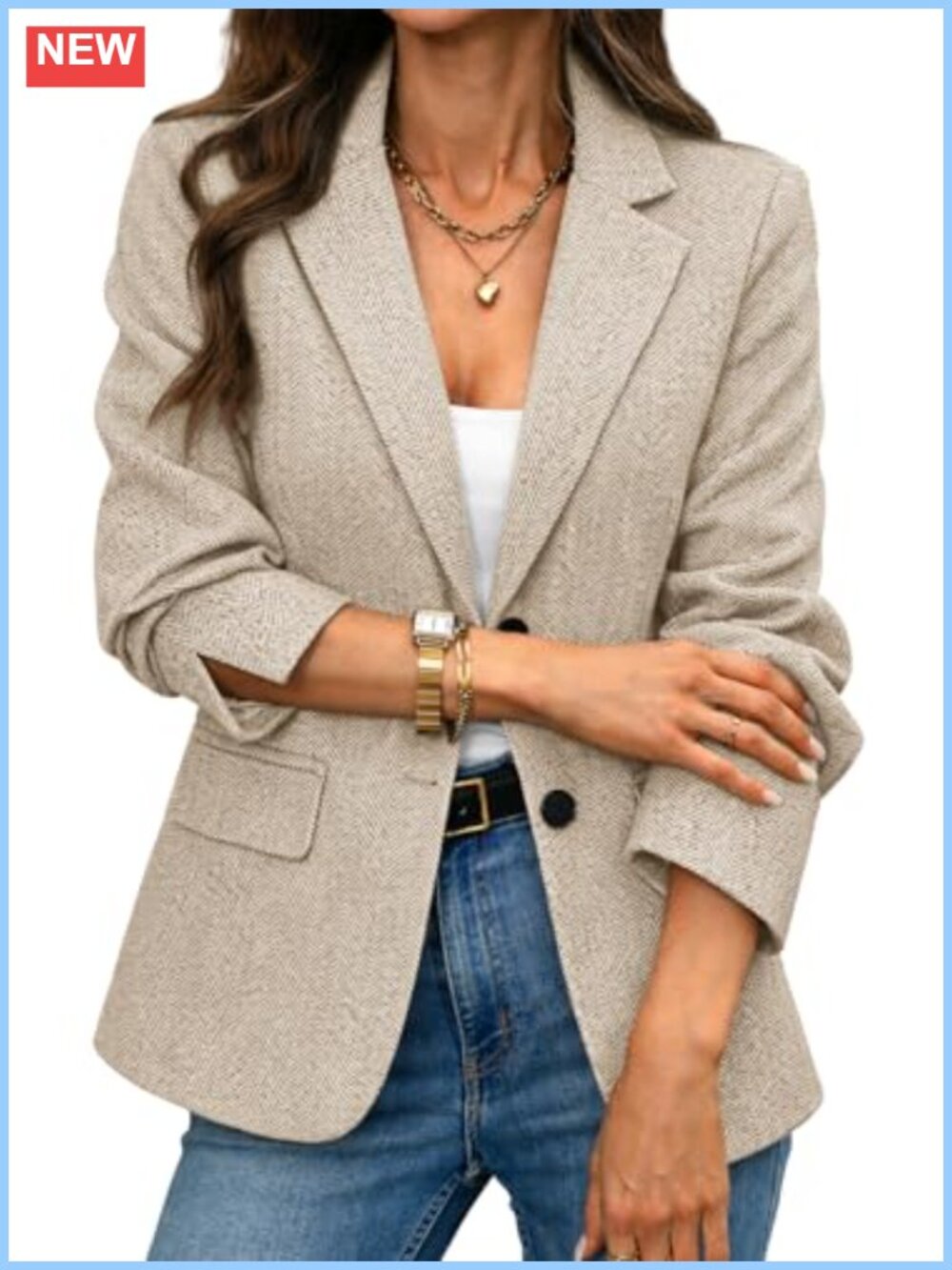 Women's Herringbone Tweed Blazer - Slim Fit Business Casual Jacket with Notched